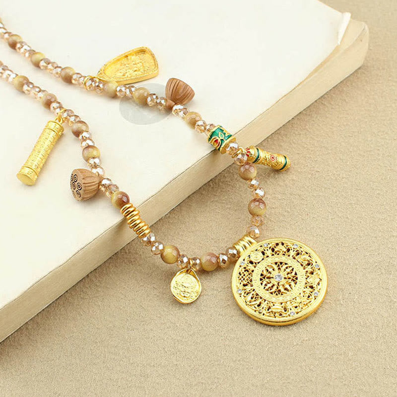 Kette Tigerauge mit Lotus Rundplatte Tibet vergoldeter Anhänger