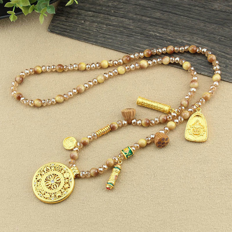 Kette mit Tigerauge Natursteinen goldener Lotus Rundplatte Tibet Buddha