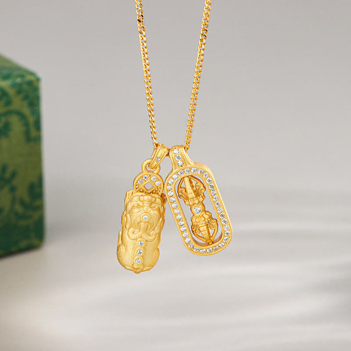 Goldkette mit Pixiu Vajra Anhänger Bergkristall Wohlstand Reichtum
