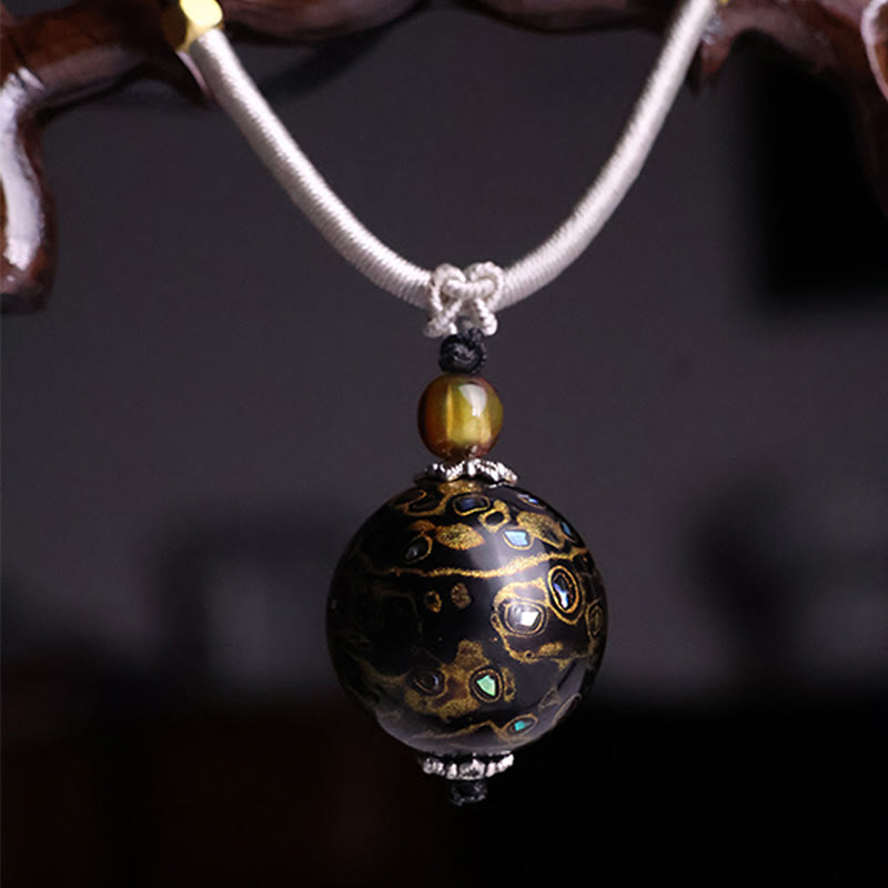 Schwarze Buddha Kette Ebenholz Anhänger mit Naturstein Lack Perle
