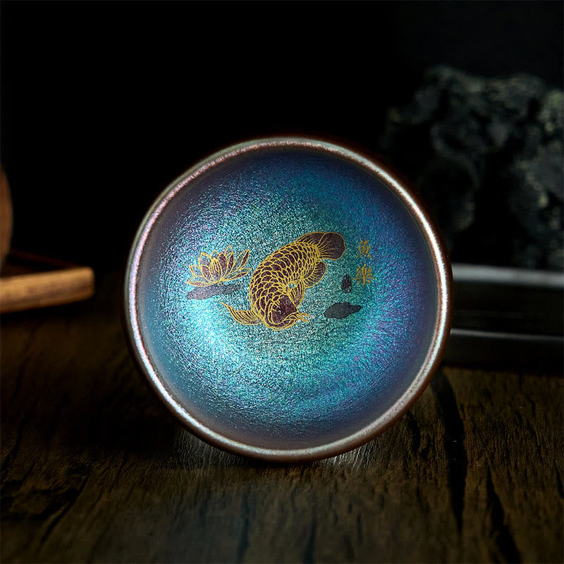 Japanische Teetassen Koi Lotusblatt Jianzhan Blau-Gold Koi ohne Geschenkbox