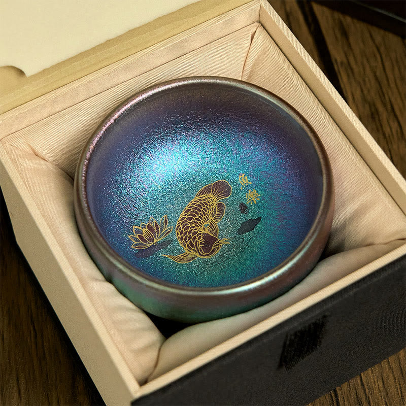 Japanische Teetassen Koi Lotusblatt Jianzhan Blau-Gold Koi mit Geschenkbox