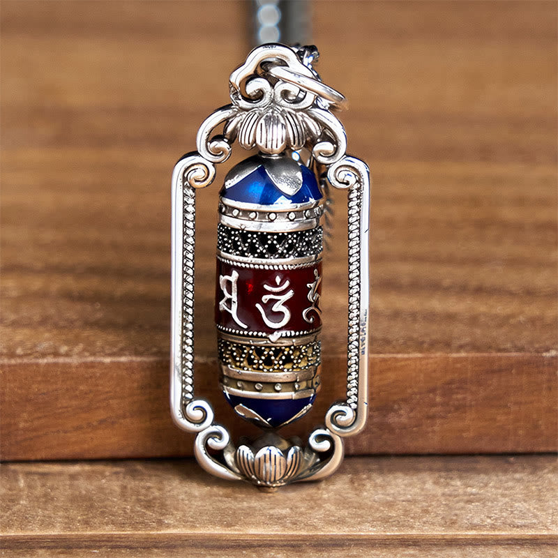 Tibetische Kette Kupfer Glücksrad Vintage silberner OM Anhänger blauem Stein