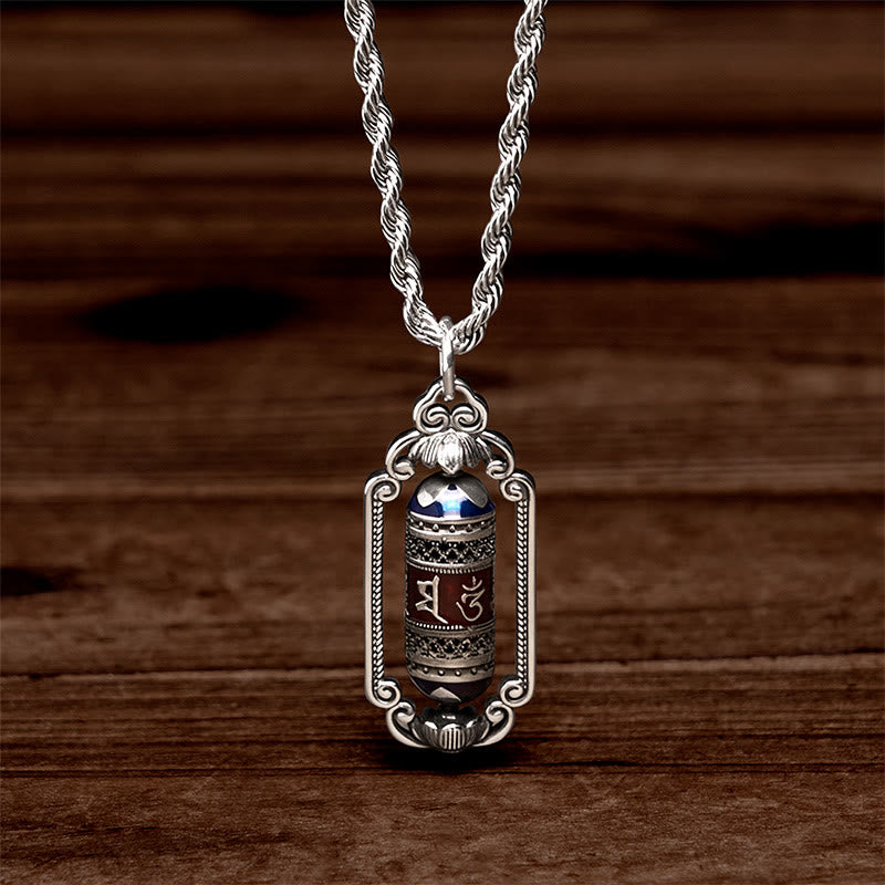 Tibetische Kette mit silbernem Glücksrad Anhänger blauer Stein Vintage Design