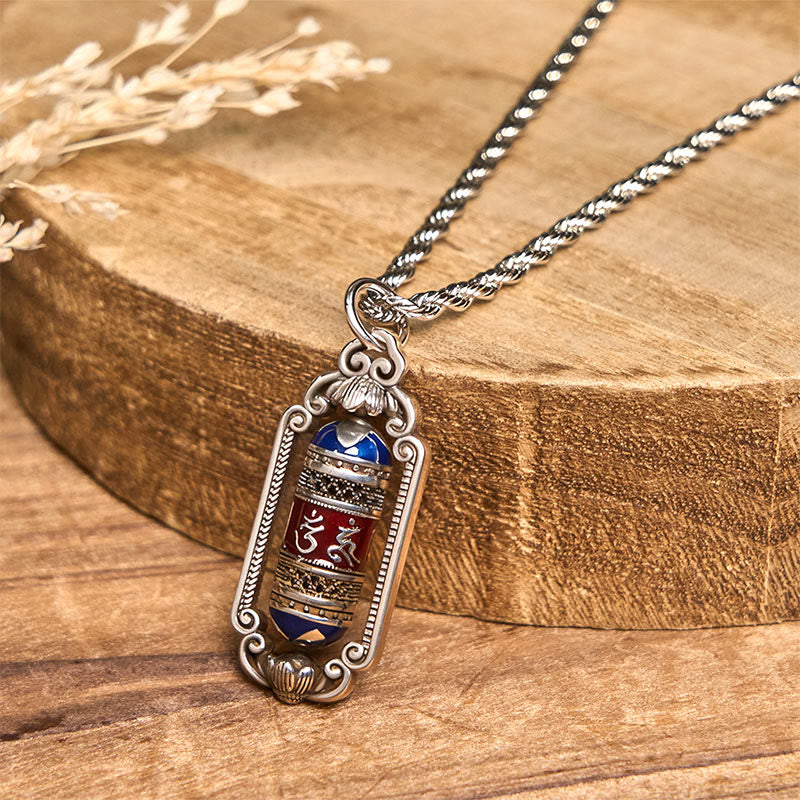 Tibetische Kette Kupfer Glücksrad Vintage Anhänger blauer Stein Silberkette