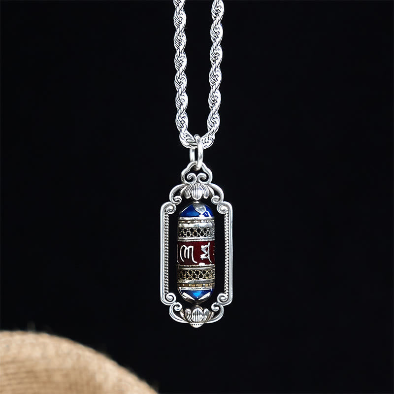 Tibetische Kette mit Glücksrad-Anhänger Lapis Lazuli Vintage Silber