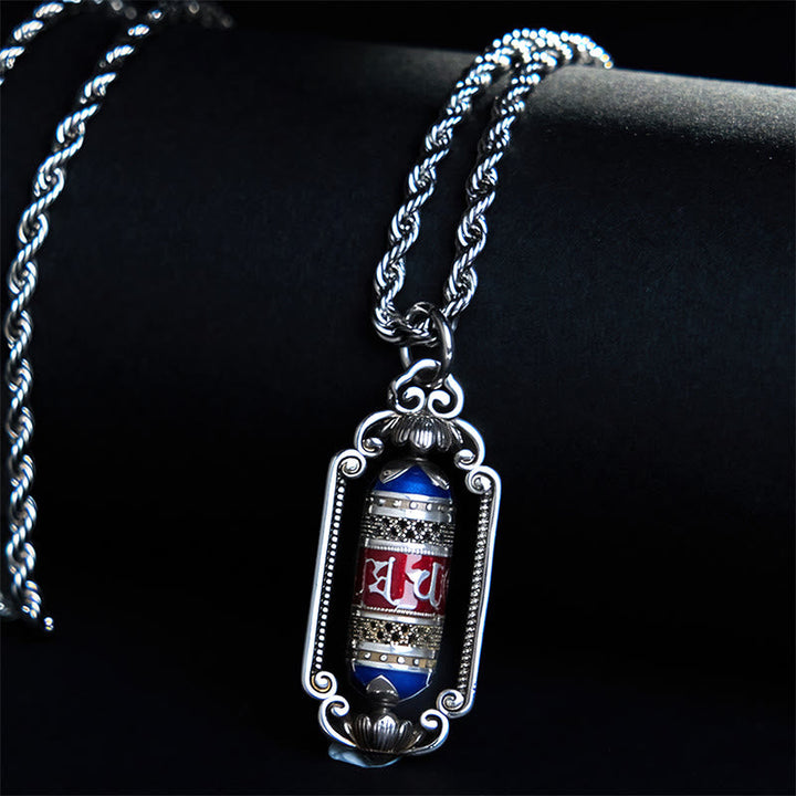 Silberne tibetische Kette Glücksrad Anhänger blaue Steine Vintage Schmuck Glück