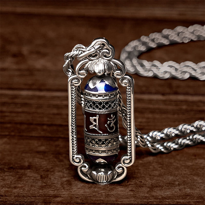 Tibetische Kette Kupfer Glücksrad Vintage Anhänger mit blauem Stein Seil