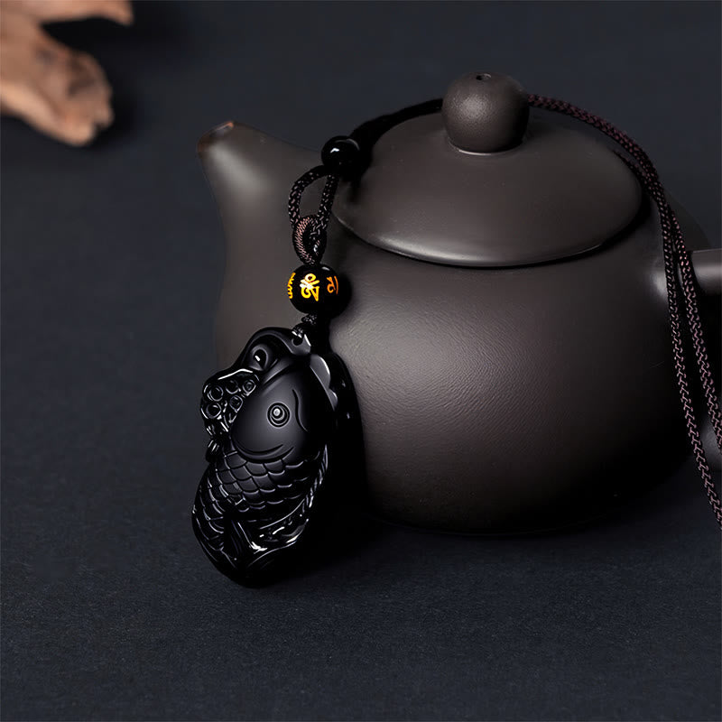 Schwarze Obsidian Buddha Kette mit Naturstein Anhänger Stärke