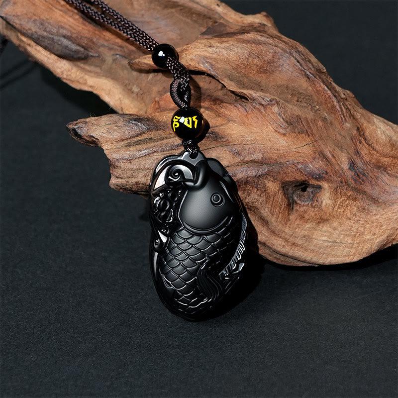 Schwarze Obsidian Kette Fisch Anhänger Naturstein für Stärke
