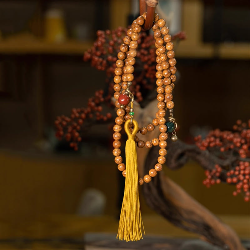 Mala Bodhi Frieden Balance Armband Holzperlen gelbe Quaste hängend