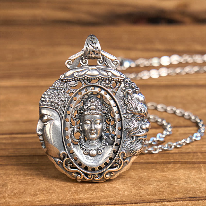 Silber Buddha Anhänger Kette mit Dämonenmuster spiritueller Schmuck
