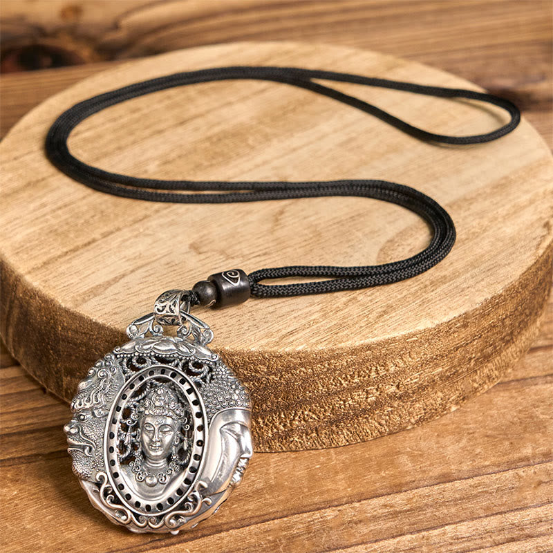 Silber Buddha Dämonenmuster Anhänger an schwarzer Kordel Kette