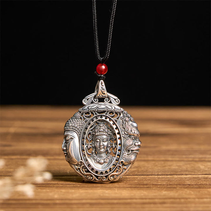 Silberner Buddha Anhänger Kette mit Dämonenmuster rotem Stein