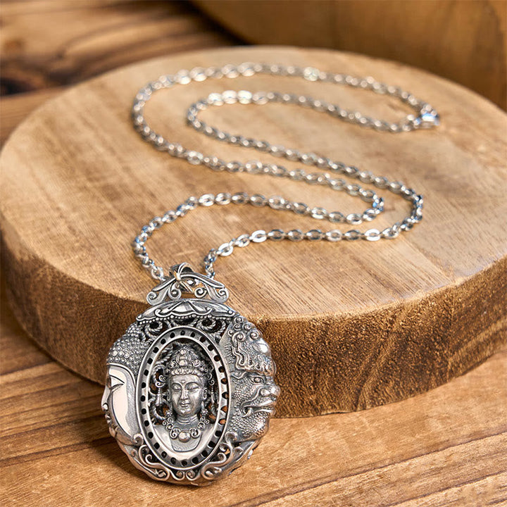 Silberner Buddha Anhänger Kette mit Dämonenmuster Gravur