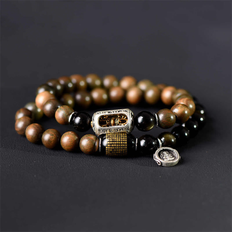 Armband Sandelholz Obsidian – Frieden & Balance mit silbernen Charms elegant