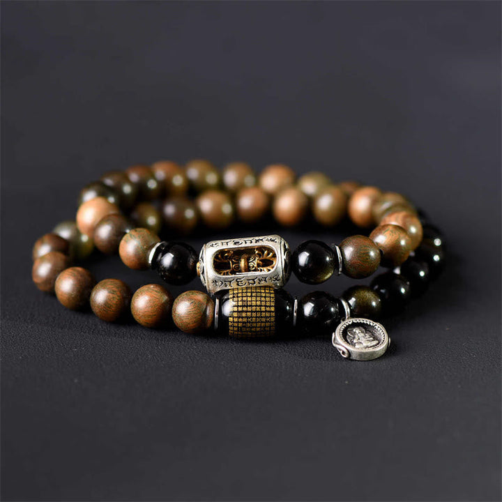 Armband Sandelholz Obsidian – Frieden & Balance mit silbernen Charms elegant