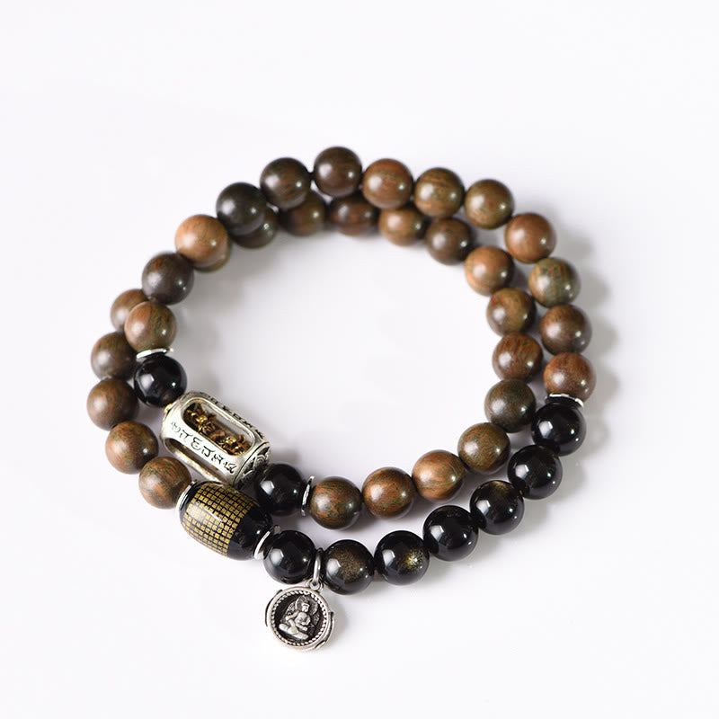 Armband Sandelholz Obsidian mit Metallverzierungen Frieden Balance Harmonie