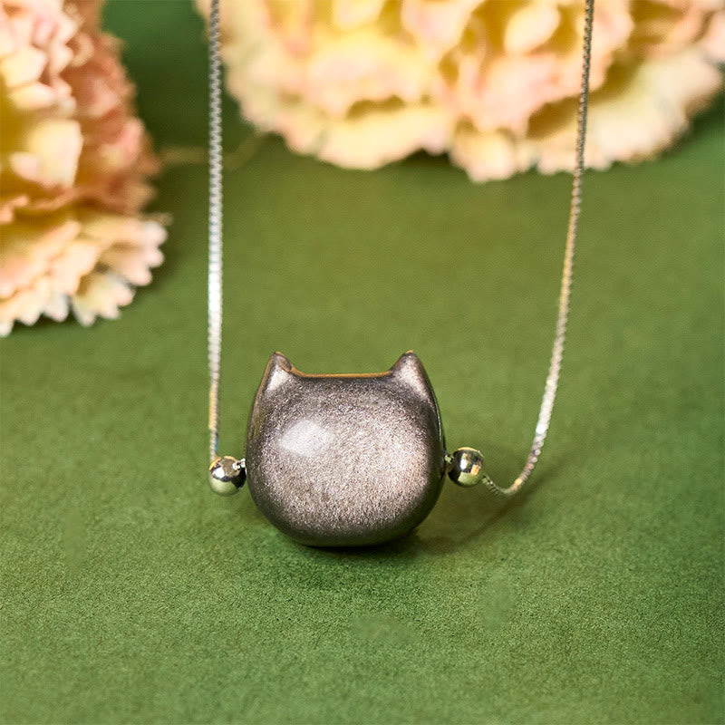 Obsidian Kette mit silbernem Katzenkopf Anhänger 925er Silber Naturstein