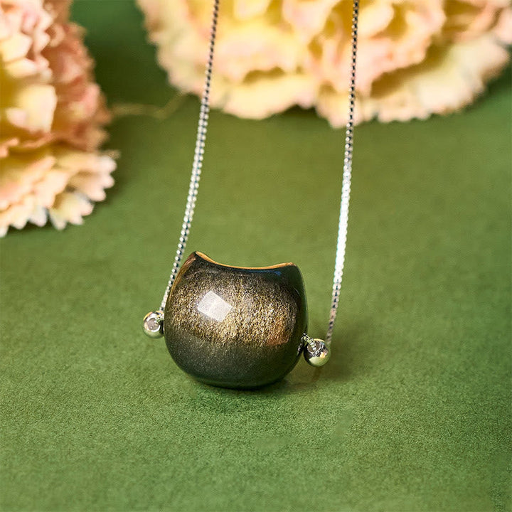 Obsidian Katze Anhänger Kette Silber 925er Naturstein elegant