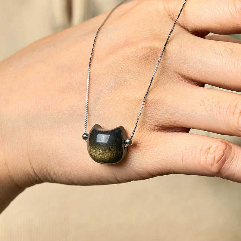 Obsidian Kette Anhänger schwarze Katze 925er Silber Naturstein elegant