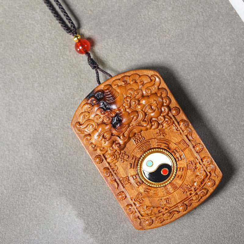 Holzanhänger Yin Yang Bagua Drachen Kette Naturholz Schutz Amulett