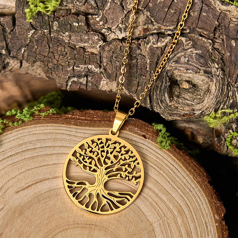 Lebensbaum Kette Titanium Steel goldener Anhänger Erleuchtung Natur