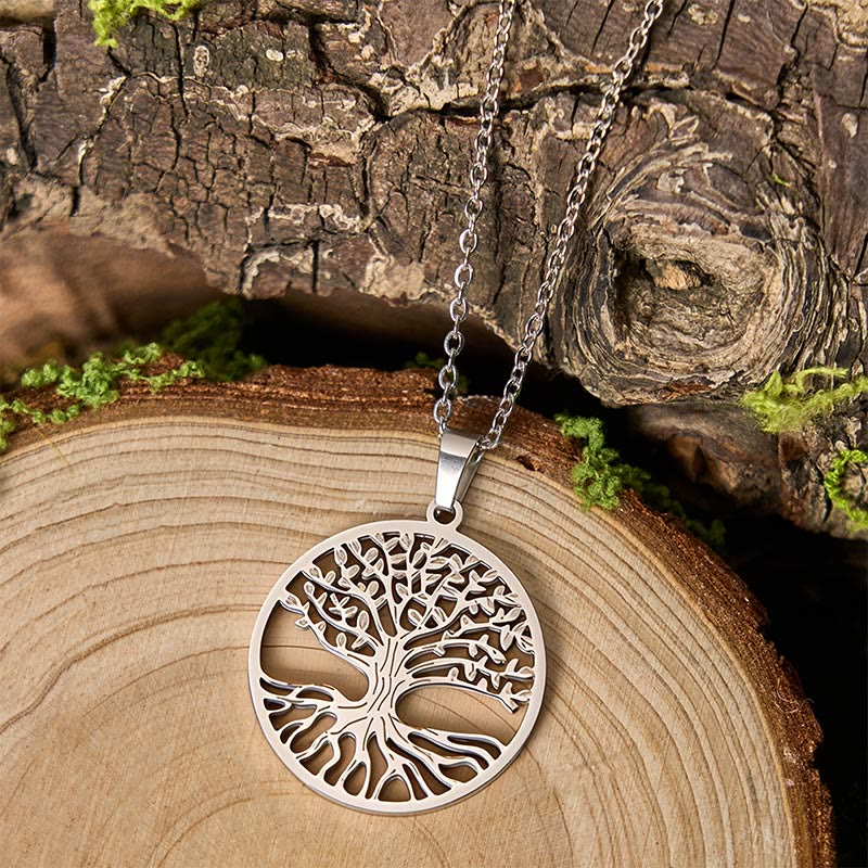 Lebensbaum Kette Titanium Steel silber glänzend Holz Anhänger Natur