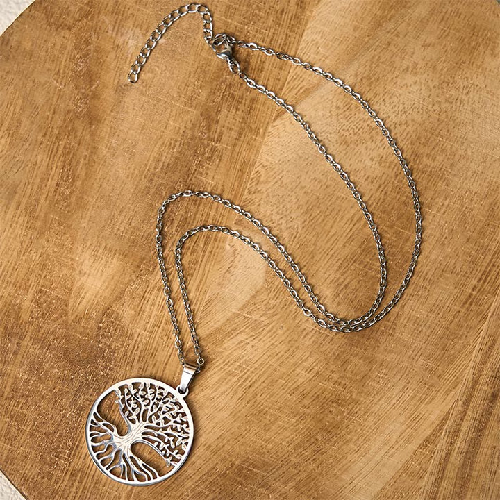 Silberne Titanium Steel Kette mit Lebensbaum Anhänger Erleuchtung Symbol