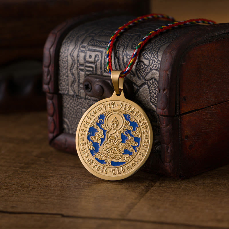 Medizin-Buddha Anhänger Herzmantra Kette Edelstahl vergoldet blau elegant