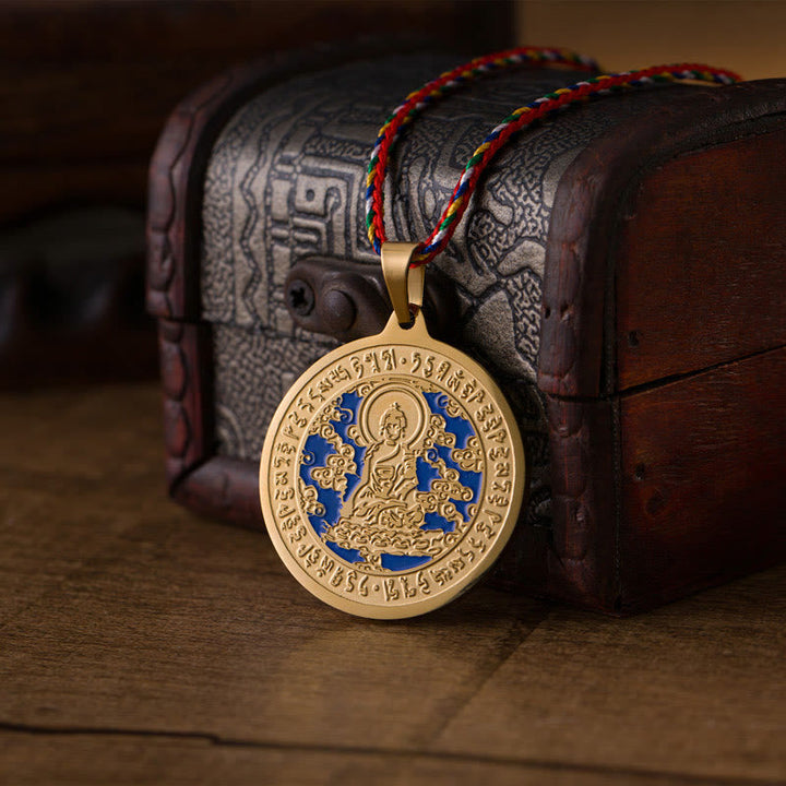Medizin-Buddha Anhänger Herzmantra Kette Edelstahl vergoldet blau elegant