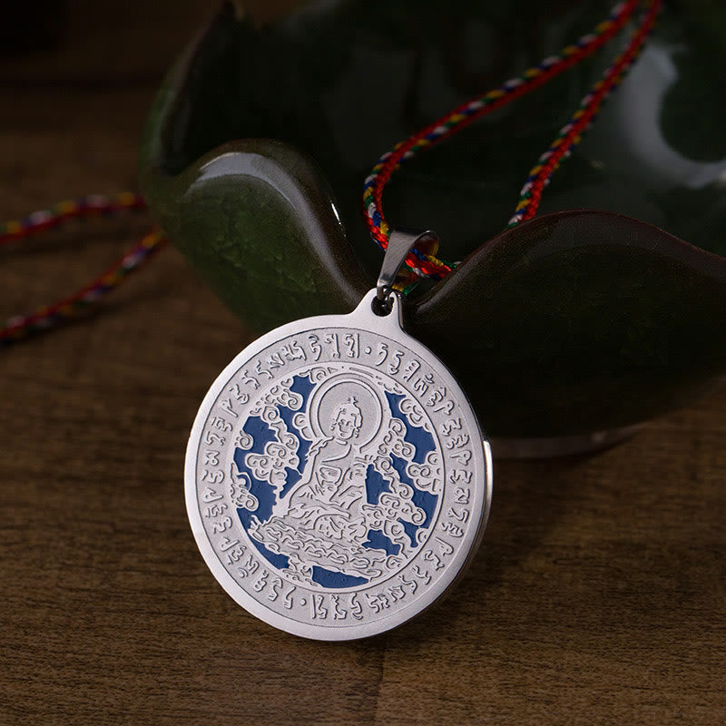Silberner Medizin-Buddha Anhänger Kette Edelstahl auf bunter Schnur