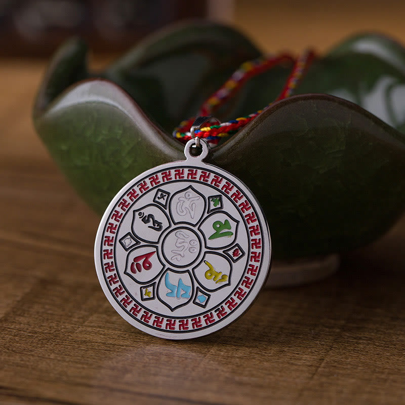 Dharma Wheel Kette Edelstahl Anhänger bunte Schnur Schutz Amulett