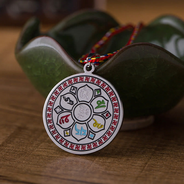 Dharma Wheel Kette Edelstahl Anhänger bunte Schnur Schutz Amulett