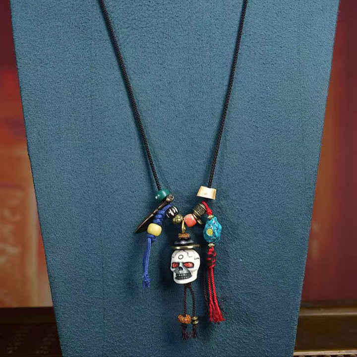 Kette Schädel Totenwaldherr Tibet Perlen bunte Naturstein Neubeginn Anhänger