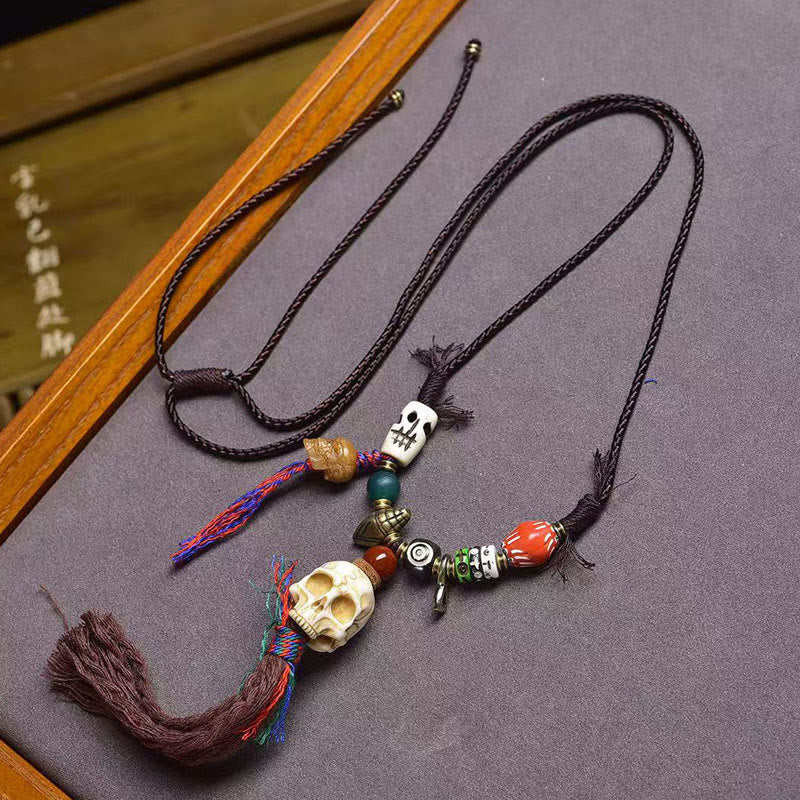 Schwarze Kette Schädel-Anhänger Naturstein Böse-Geister-Schutz Tibet Stärke