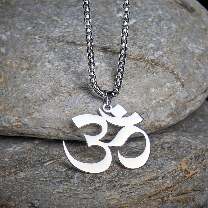 Silberne Om Symbol Edelstahl Kette Anhänger Naturstein Mantra Fokus Meditation