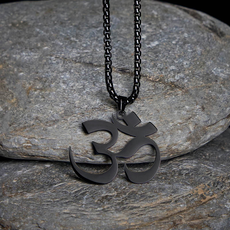 Schwarze Om Symbol Edelstahl Kette eleganter Anhänger Mantra Fokus