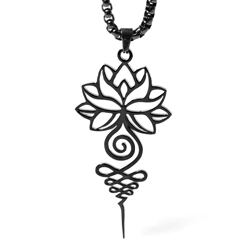Schwarze Edelstahl Kette Lotus Unalome Chakra Erleuchtung Anhänger
