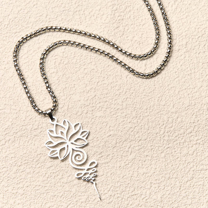 Silberne Edelstahl Kette mit Lotus Unalome Anhänger Chakra Symbol
