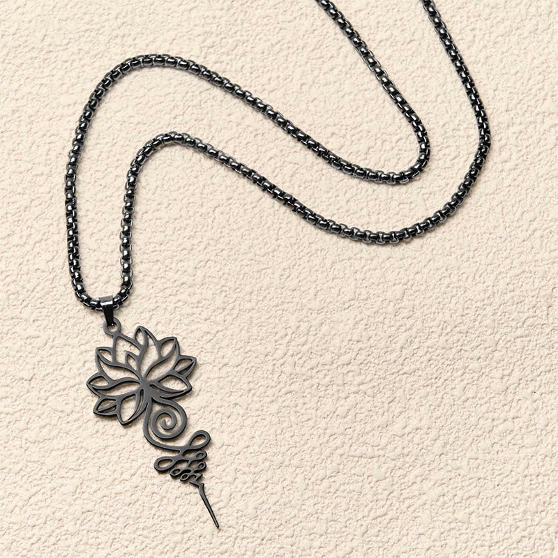 Schwarze Edelstahl Kette Lotus Unalome Chakra Anhänger Erleuchtung