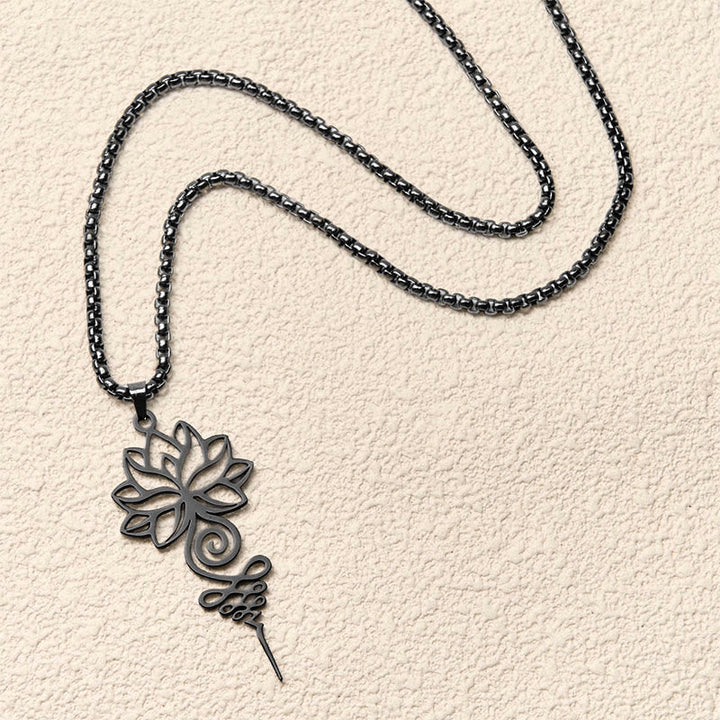 Schwarze Edelstahl Kette Lotus Unalome Chakra Anhänger Erleuchtung