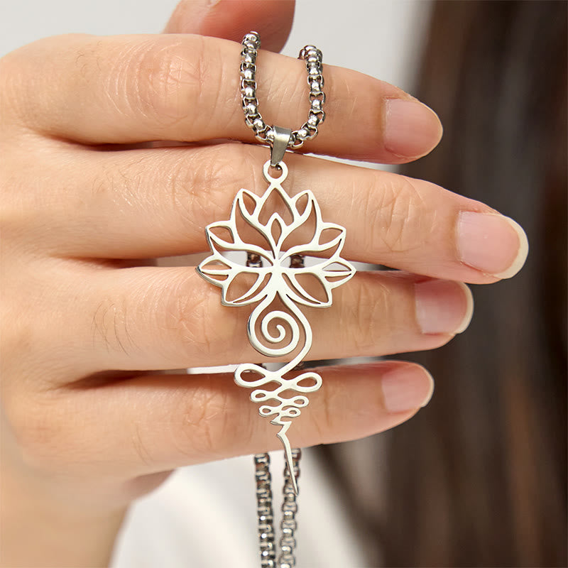 Silberne Edelstahl Kette mit Lotus Unalome Chakra Anhänger Symbol