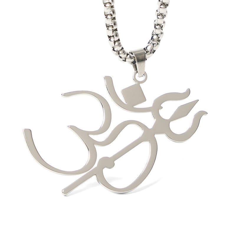 Om Anhänger Edelstahl Kette silbern getragenes Yoga Symbol Trident