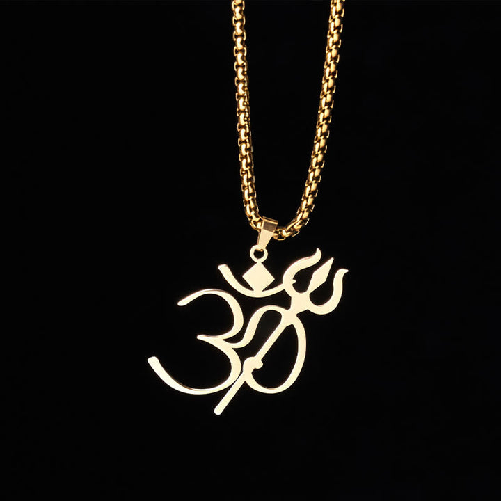 Goldener Om Trident Anhänger Edelstahl Kette schwarzer Hintergrund
