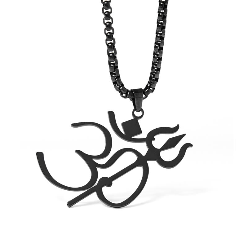 Schwarzer Om Anhänger Edelstahl Kette Meditation Symbol Trident