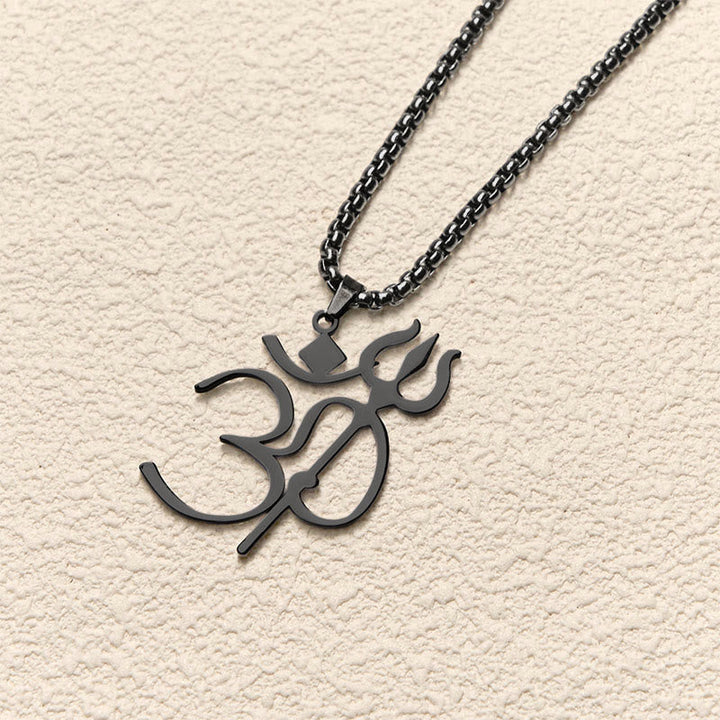 Om Symbol Anhänger an schwarzer Edelstahl Kette elegant