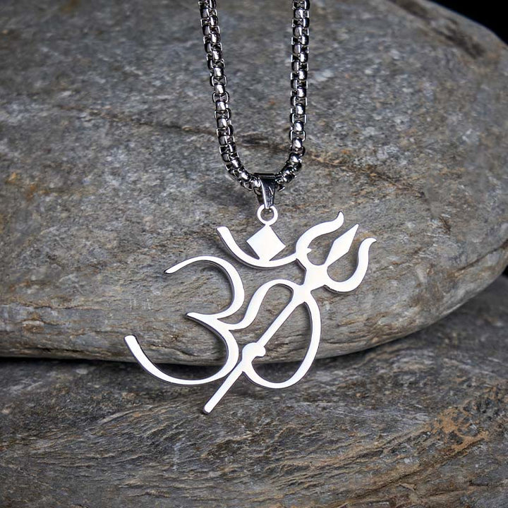 Silberne Edelstahl Kette mit Om Symbol Anhänger Trident