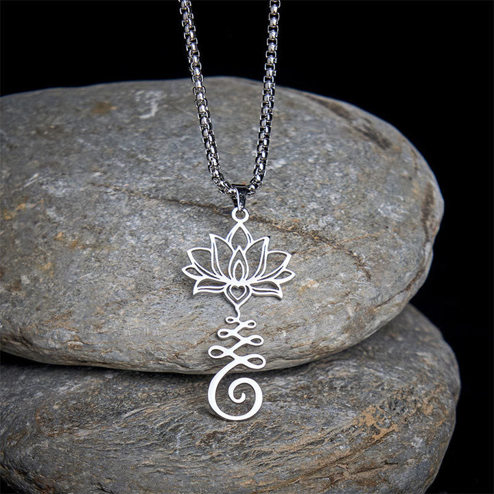 Silberne Kette Edelstahl Lotus Chakra Erleuchtung Anhänger Naturstein Meditation