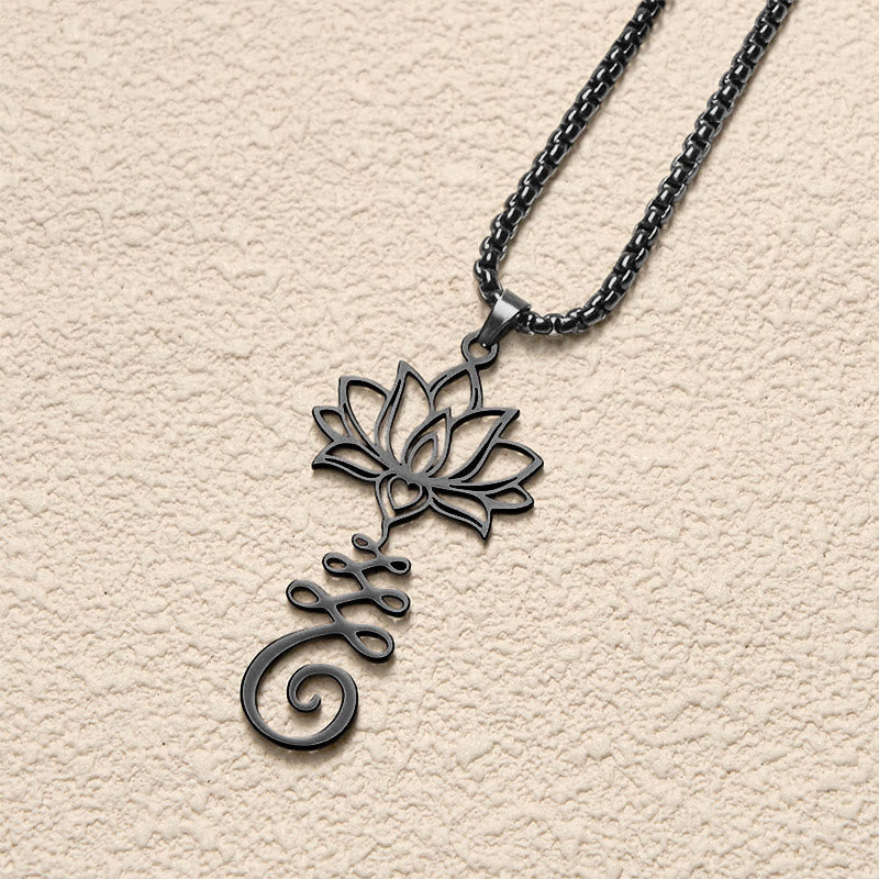 Schwarze Edelstahl Kette Lotus Chakra Anhänger Spirale Erleuchtung